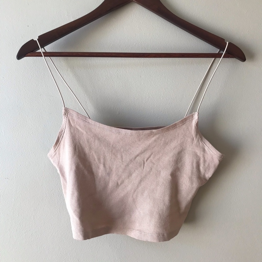 Divided Beige Ribbed Spaghetti Strap Crop Top